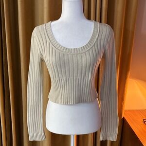 VTG 90s Venus Ribbed Knit Scoop Neck Cropped Tan Sweater Cotton Womens Small